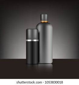 3D realistic black bottle packaging vector illustration