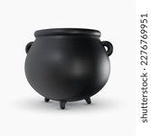 3d realistic black cauldron in cartoon minimal style. Vintage iron medieval  pot on white background. Glossy magic or celebration kettle toy. Vector illustration.
