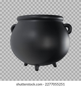 3d realistic black cauldron in cartoon minimal style. Vintage iron medieval  pot on transparent background. Glossy magic or celebration kettle toy. Vector illustration.