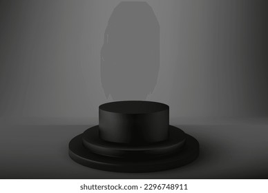 3D realistic black circle podium with geometric elements. Abstract background with black stepped round pedestal, realistic podium, design element
