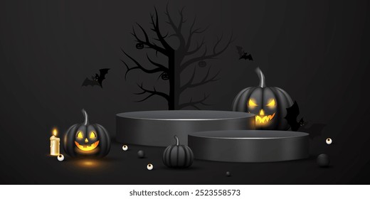 3D realistic black color Halloween promotion product display mockup design vector. Happy Halloween holiday product mockup showcases a background design template with pumpkins, bats, and candles. 