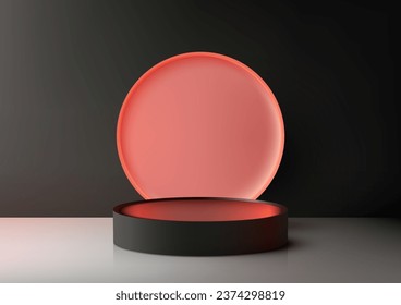 3D realistische schwarze Farben leere Podiumsplattform mit rosafarbenem neonfarbigem Hintergrund Produkt zeigen minimalen schwarzen Hintergrund Wand-Szene. Vektorgrafik