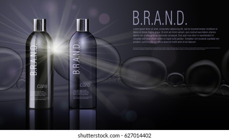 3D Realistic Black Cosmetic Product Shampoo Bottle Package Template. EPS10 Vector