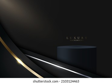 3D realistic black cylinder podium in gold curve graphic with lighting on dark studio room background luxury style. You can use for product display, presentation cosmetic, etc. Vector illustration