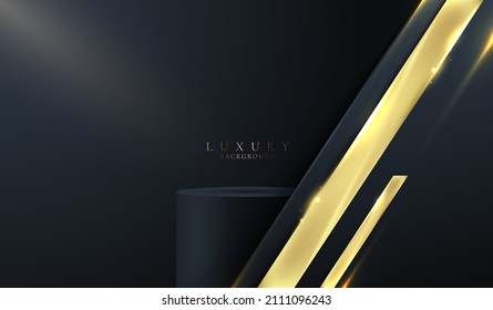 3D realistic black cylinder podium in blue stripes shapes with lighting shiny golden diagonal lines on dark studio room background luxury style. You can use for product display, presentation cosmetic