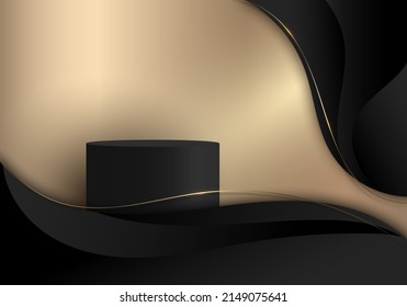 3D realistic black cylinder podium in golden curve shape background with black wave lines and lighting luxury style. You can use for product display, presentation cosmetic, etc. Vector illustration