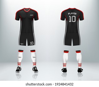 3D realista de ropa de fútbol negro con tira roja. Uniforme de fútbol. Vector ilustrativo del diseño de camisetas para equipo de fútbol en color negro.