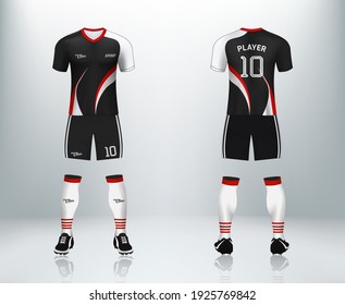 3D realistic of black football apparel with red and white strip. Football uniform. Vector illustrative of T shirt design for football team in black color.