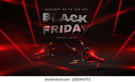 3d realistic black friday lettering with megaphone elements and red neon light ray effect on black background, holiday sale banner template, vector illustration.