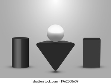 3D realistic black geometric pedestal, triangle, box studio room with light product shelf on white background. Vector illustration