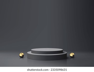 3D realistic black and gray podium is decorated with golden balls on a gray and black background. It is a modern luxury style podium that would be perfect for product display or award presentations.