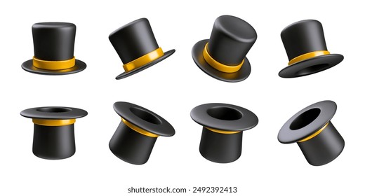 3D realistic black magician's hat set, with gold ribbon. Wizard cylinder for magicians and artists. Collection of magic equipment for surprising. Vector Halloween hat isolated on white background