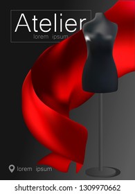 3D realistic black mannequin, and realistic red fabric. Atelier banner.