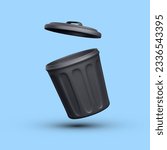 3d realistic black open trash can isolated on blue background. Vector illustration