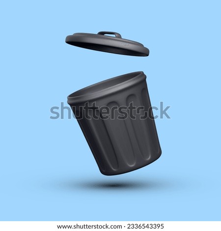 3d realistic black open trash can isolated on blue background. Vector illustration