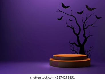 3D realistic black and orange podium product display mockup on violet wall background decoration with black dead tree and bats. Perfect for Halloween-themed products. Vector illustration