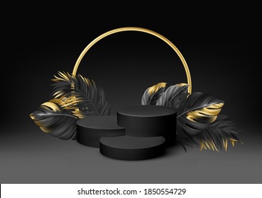 3d realistic black pedestal on a black background with golden elements and palm leaves. Empty space design luxury mockup scene for product. Vector illustration EPS10