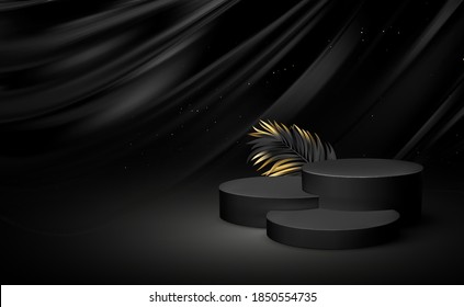 3d realistic black pedestal on a black silk background with golden elements 
 and palm leaves. Empty space design luxury mockup scene for product. Vector illustration EPS10