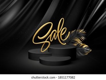 3d realistic black pedestal on a black silk background with golden Sale lettering and palm leaves. Empty space design luxury mockup scene for product. Vector illustration EPS10