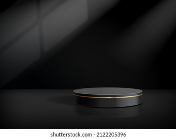 3d realistic black pedestal on a black background with golden elements. Empty space design luxury mockup for advertising. Showcase Vector illustration.