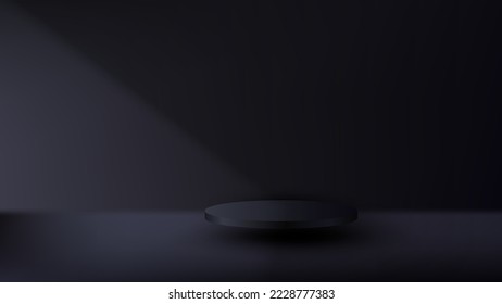 3D realistic black pedestal podium floating in air on dark scene studio room background. you can use for minimal product display, mockup products presentation, promotion showcase, etc. Vector