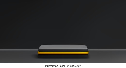 3d podio negro realista. Escena y plataforma con oro sobre fondo negro. Diseñar pedestal para el premio y el ganador. Ilustración del vector