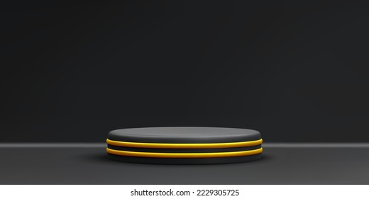 3d realistic black podium. Scene and platform with gold on black background. Design pedestal for award and winner. Vector illustration
