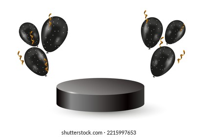 3d realistic black podium. Stage for product demonstration, discounts. Scene with golden confetti and black balloons. Vector geometric platform.