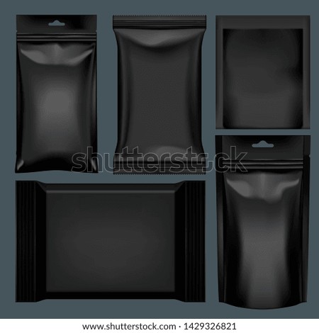 3D Realistic Black Polymer Packaging For Food Set. EPS10 Vector