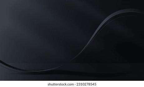 3D realistic black ribbon wave lines elements on dark room background luxury style. Vector illustration