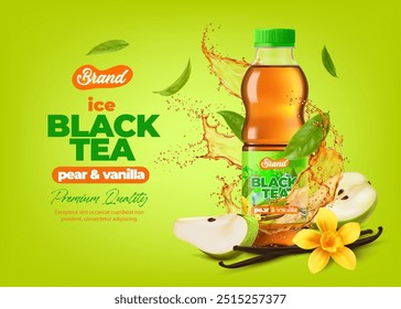 Botella de té negro realista 3D con vainilla, pera verde y salpicadura de bebida. Vector ads Anuncio con producto refrescante, muestra una botella de té, hojas verdes, vainas o flores de vainilla y rebanadas de pera fresca