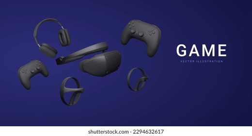 3d realistic black virtual reality glasses, gamepads, headphones and gaming controller isolated on dark background. Time to game concept. Vector illustration