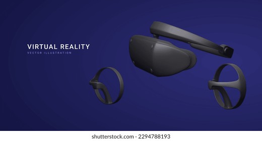 3d realistic black virtual reality glasses and gaming controller isolated on dark background. Welcome to metaverse concept. Vector illustration