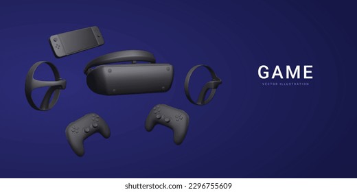 3d realistic black virtual reality glasses, gamepads, gaming console and gaming controller isolated on dark background. Time to game concept. Vector illustration