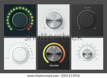 3d realistic black and white metallic volume control knob set vector illustration. Collection of neon indicator template. Interface panel tuner with max min scale. Household appliances and electronics