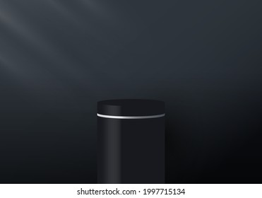 3D realistic black and white pedestal display on dark background with lighting. You can use for show cosmetic products, stage romance showcase on pedestal studio room. Vector illustration