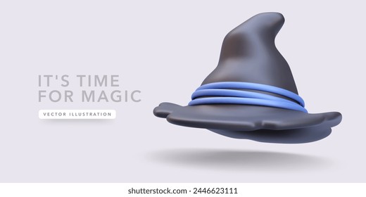 3d realistic black witch hat with shadow isolated on light background. Vector illustration