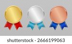 3D realistic blank bronze, silver and golden awards. First, second and third place blank medals