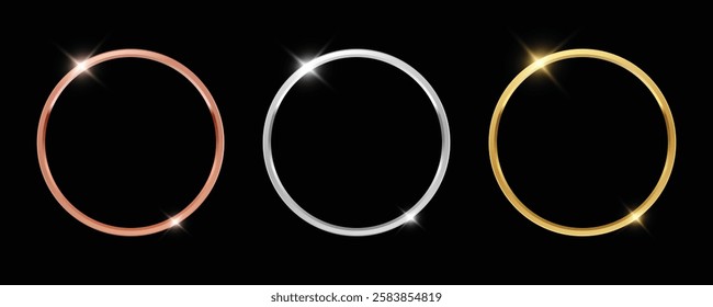 3D realistic blank bronze, silver and golden rings. First, second and third place blank rings