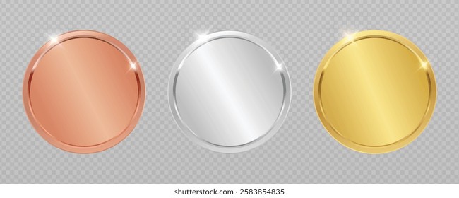 3D realistic blank bronze, silver and golden awards. First, second and third place blank medals