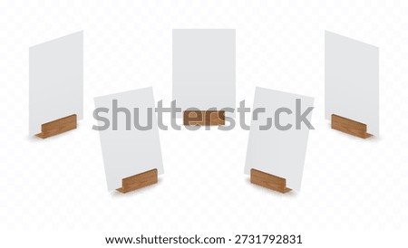 3D Realistic Blank Paper Card on Wooden Holder Stand, A4 and A5 Vertical Menu Mockup Set, Side View Display Template Vector Illustration