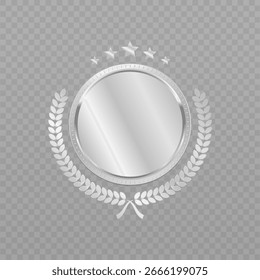 3D realistic blank silver awards with laurel wreath on transparent background. Second place blank medals