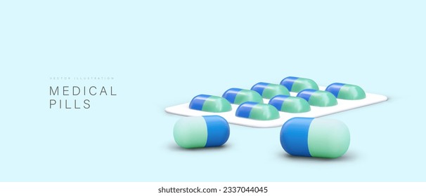3D-Blisterpackung mit Tabletten. Webposter mit Pillen und Platz für Text. Behandlung, verschreibungspflichtige Pillen, verschreibungspflichtiges Konzept. Vektorgrafik in blauen Farben