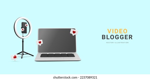 3d realistic blogger workplace with laptop and phone on tripod with light bulb. Live stream concept. Home studio of stream video in social networking. Vector illustration