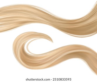 3d realistic blond hair strand with curl vector. Woman care with shampoo for blonde color. Shiny smooth and wavy closeup concept of female natural element. Detailed texture for conditioner advertising