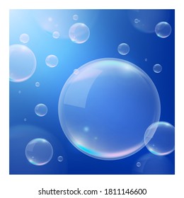 3D Realistic Blue Background with  Bubbles . Isolated Vector Elements