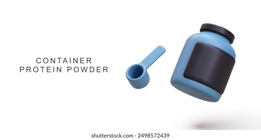 3d realistic blue container protein powder on white background. Vector illustration.