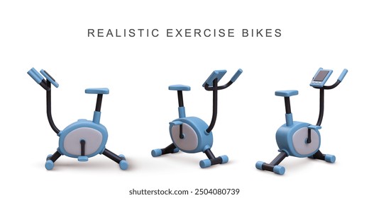 3d realistic blue exercise bikes on white background. Vector illustration.