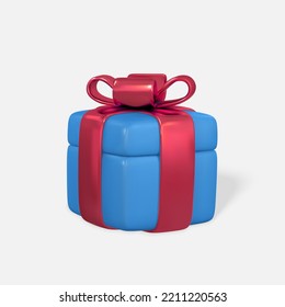 caja de regalo azul realista 3D con arco rojo. Caja de papel con cinta y sombra aislada en fondo blanco. Ilustración vectorial.