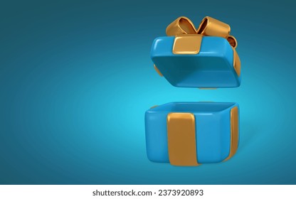 caja de regalo azul realista 3D con arco dorado. Caja de papel con cinta y sombra. Ilustración vectorial.